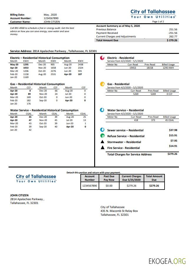 USA Florida City of Tallahassee Florida Your Own Utilities bill template in Word and PDF format